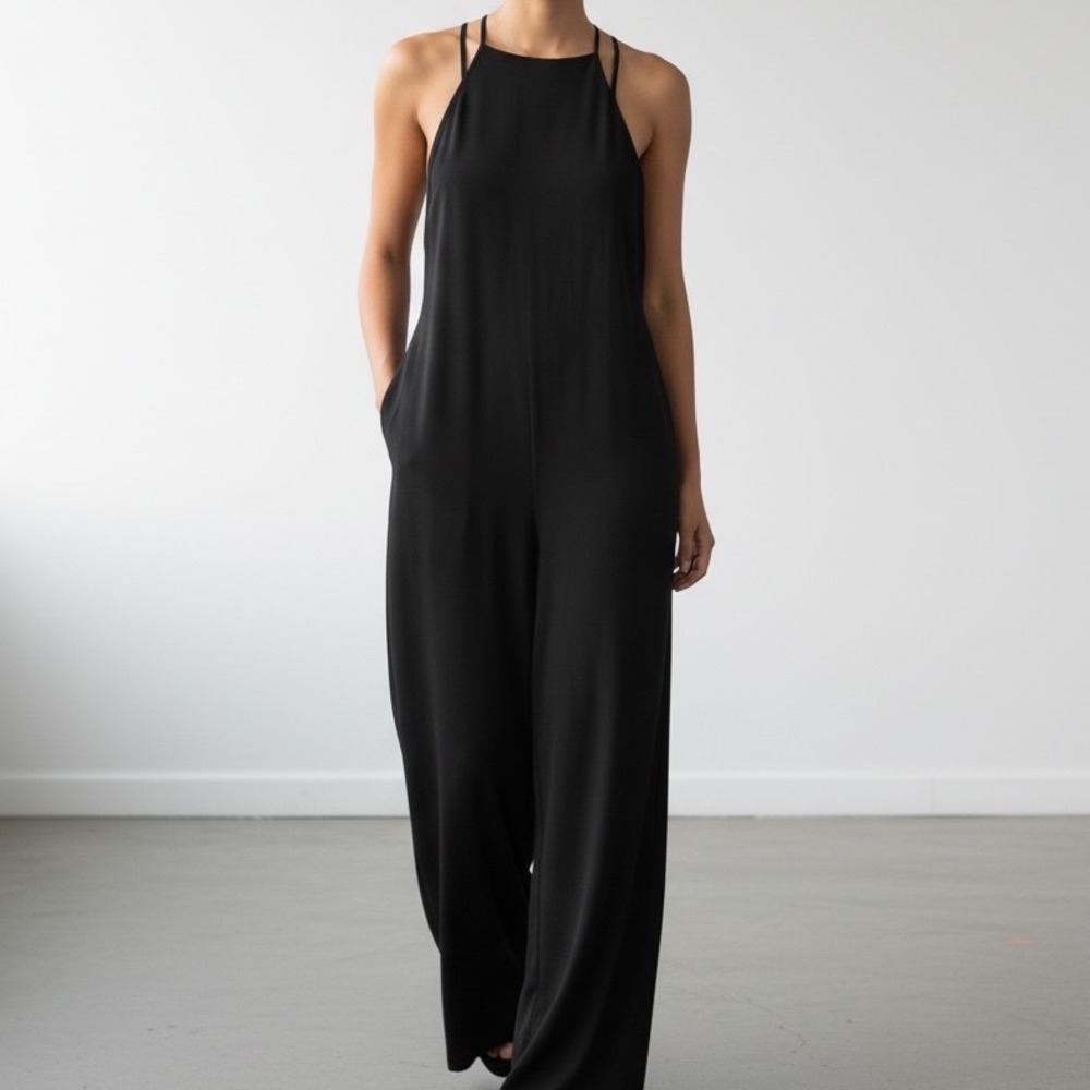 Sugar Lips Black Halter Wide Leg Jumpsuit Strappy Cage Back L contemporary chic